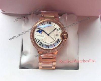 Replica Ballon Bleu de Cartier Moonphase All Rose Gold Silver Dial Diamond Bezel WJBB0028 Watch 